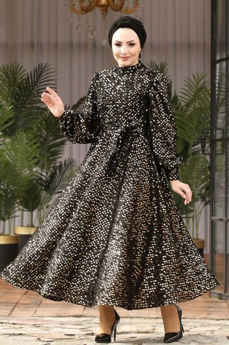 moda selvim 6455YG95 اسود وذهبي فساتين سهره - Thumbnail