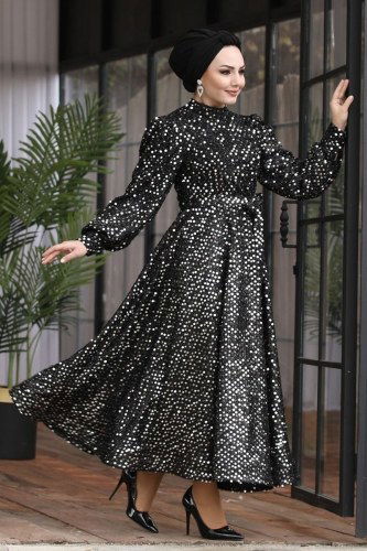 moda selvim Evening Wear 6455YG95 Black&Silver - Thumbnail