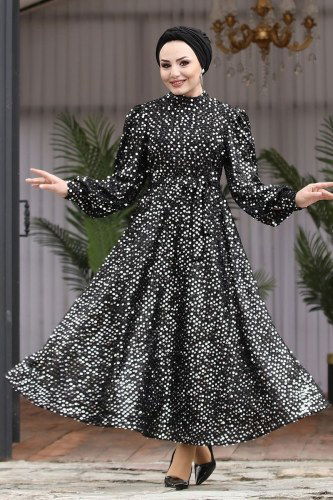 moda selvim Evening Wear 6455YG95 Black&Silver - Thumbnail