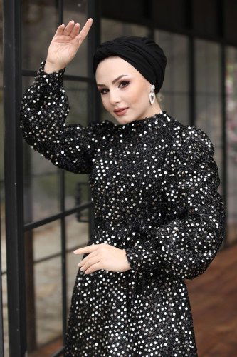 moda selvim Evening Wear 6455YG95 Black&Silver - Thumbnail