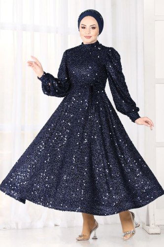 moda selvim 6455YG95 كحلي فساتين سهره - Thumbnail