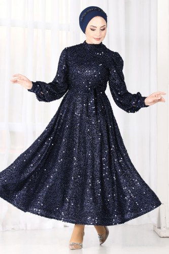 moda selvim 6455YG95 كحلي فساتين سهره - Thumbnail