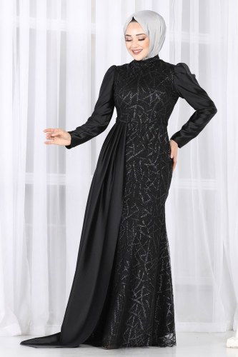 moda selvim 6457YG95 اسود فساتين سهره - Thumbnail