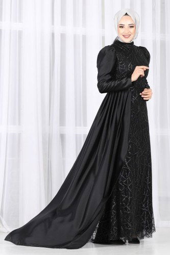 moda selvim 6457YG95 اسود فساتين سهره - Thumbnail
