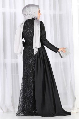 moda selvim 6457YG95 اسود فساتين سهره - Thumbnail