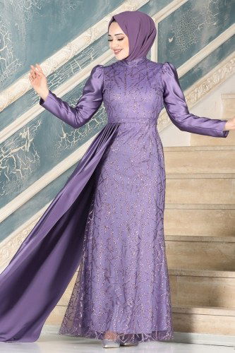 moda selvim Evening Wear 6457YG95 Lilac - Thumbnail