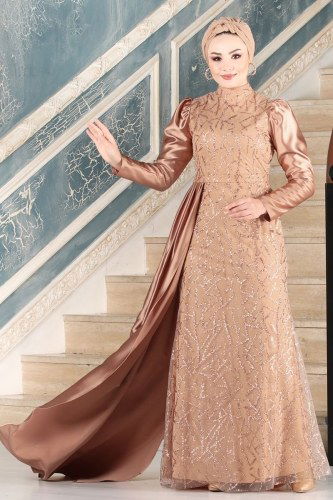 moda selvim 6457YG95 بودرة مع فيزيون فساتين سهره - Thumbnail