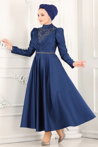 moda selvim 6459YG95 كحلي فساتين سهره - Thumbnail