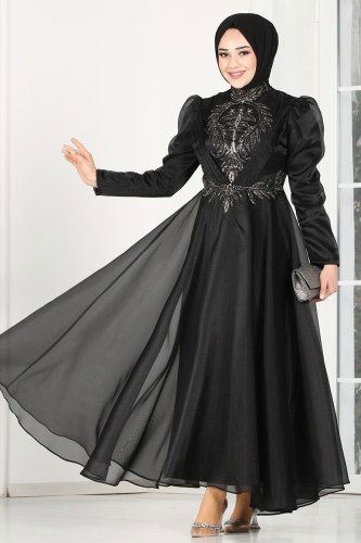 moda selvim 6460YG95 اسود فساتين سهره - Thumbnail