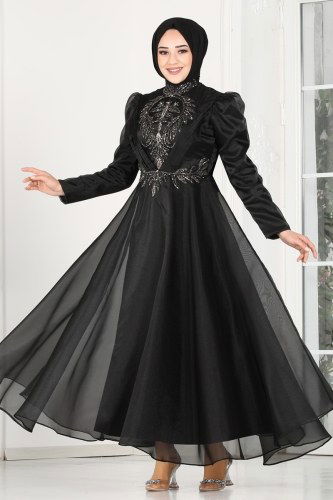 moda selvim 6460YG95 اسود فساتين سهره - Thumbnail
