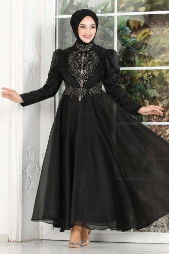 moda selvim 6460YG95 اسود فساتين سهره - Thumbnail