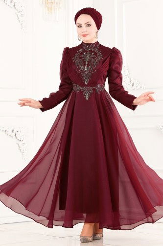 moda selvim 6460YG95 الخمري فساتين سهره - Thumbnail