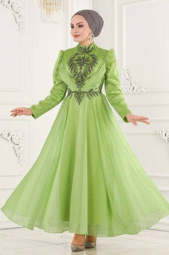 moda selvim 6460YG95 افستقي اخضر فساتين سهره - Thumbnail