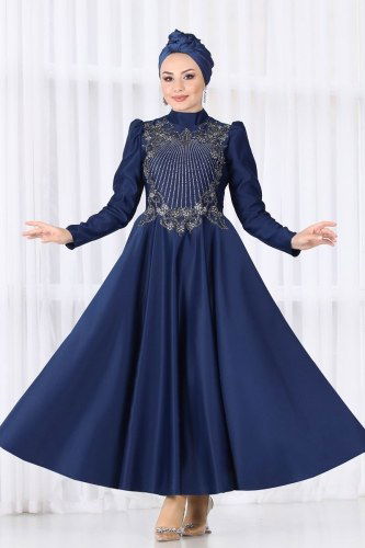 moda selvim 6462YG95 كحلي فساتين سهره - Thumbnail