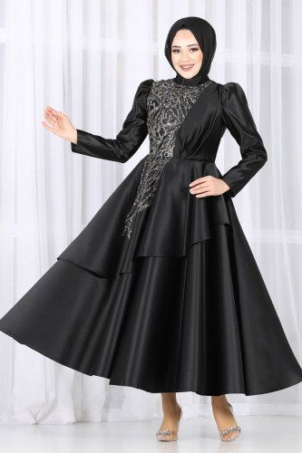 moda selvim 6464YG95 اسود فساتين سهره - Thumbnail