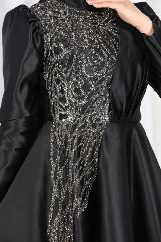 moda selvim 6464YG95 اسود فساتين سهره - Thumbnail