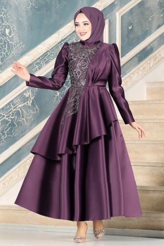 moda selvim 6464YG95 ارجواني فساتين سهره - Thumbnail