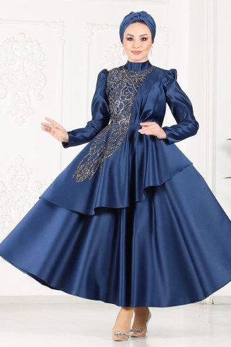 moda selvim 6464YG95 كحلي فساتين سهره - Thumbnail