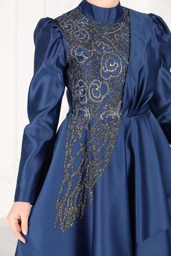 moda selvim 6464YG95 كحلي فساتين سهره - Thumbnail