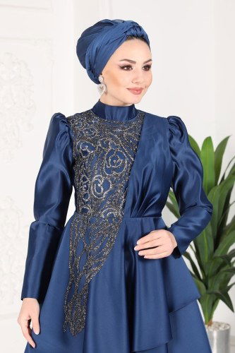 moda selvim 6464YG95 كحلي فساتين سهره - Thumbnail