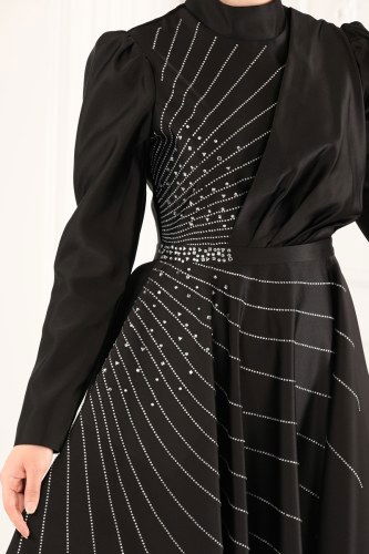 moda selvim 6465YG95 اسود فساتين سهره - Thumbnail
