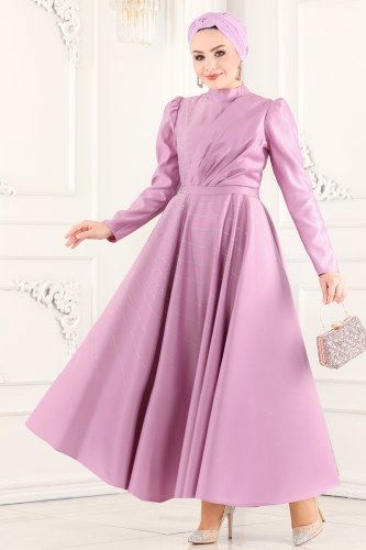 moda selvim 6465YG95 بنفسجي فاتح فساتين سهره - Thumbnail