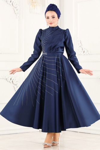 moda selvim 6465YG95 كحلي فساتين سهره - Thumbnail
