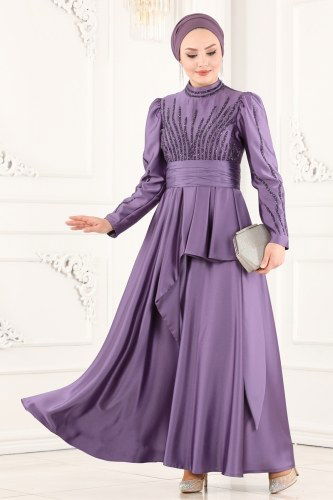 moda selvim 6467YG95 ارجواني فاتح فساتين سهره - Thumbnail