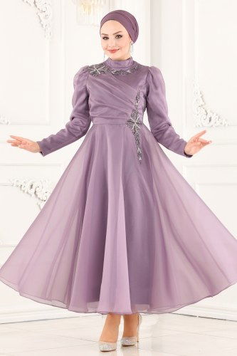moda selvim 6481YG95 ارجواني فاتح فساتين سهره - Thumbnail