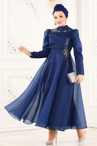 moda selvim Evening Wear 6481YG95 Navy Blue - Thumbnail