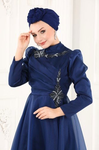 moda selvim 6481YG95 كحلي فساتين سهره - Thumbnail