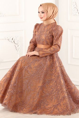 moda selvim 6483YG95 البرونز فساتين سهره - Thumbnail