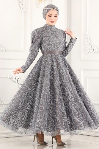 moda selvim 6483YG95 الفضي فساتين سهره - Thumbnail