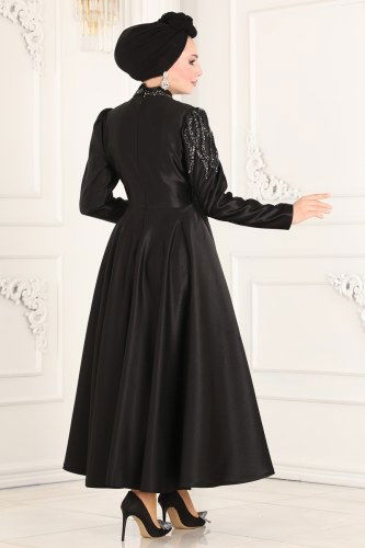 moda selvim 6485YG95 اسود فساتين سهره - Thumbnail