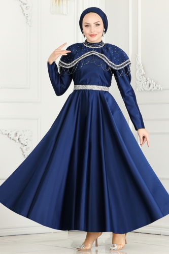 moda selvim Evening Wear 6551YG95 Navy Blue - Thumbnail