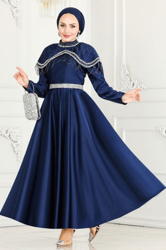 moda selvim Evening Wear 6551YG95 Navy Blue - Thumbnail