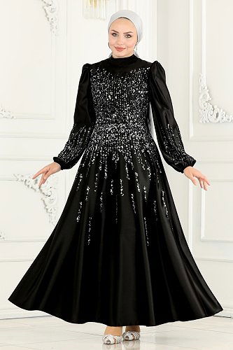 moda selvim 6561YG95 اسود فساتين سهره - Thumbnail