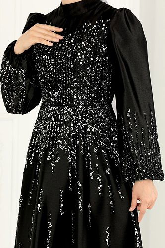 moda selvim 6561YG95 اسود فساتين سهره - Thumbnail