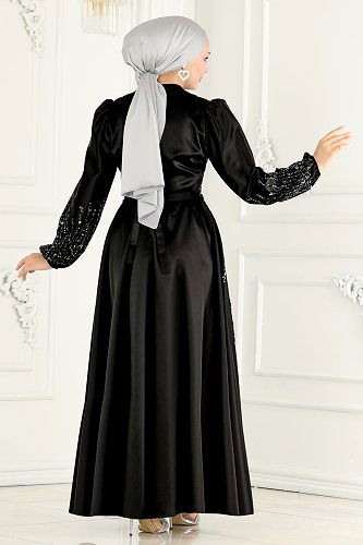 moda selvim 6561YG95 اسود فساتين سهره - Thumbnail