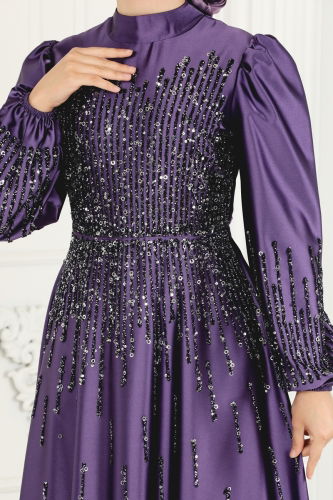 moda selvim Evening Wear 6561YG95 Dark Lilac - Thumbnail