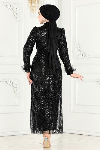 moda selvim 6570YG95 اسود فساتين سهره - Thumbnail