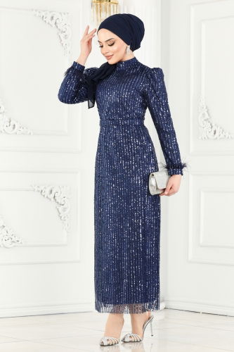 moda selvim Evening Wear 6570YG95 Navy Blue - Thumbnail