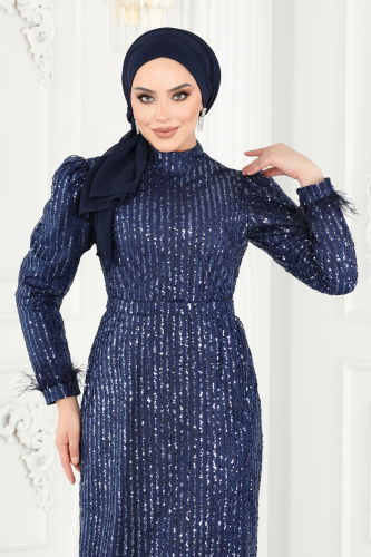 moda selvim Evening Wear 6570YG95 Navy Blue - Thumbnail