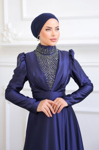 moda selvim Evening Wear 7003AZ865 Navy Blue - Thumbnail