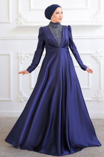 moda selvim Evening Wear 7003AZ865 Navy Blue - Thumbnail