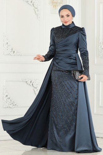 moda selvim 801AZ865 لون الرصاصي فساتين سهره - Thumbnail