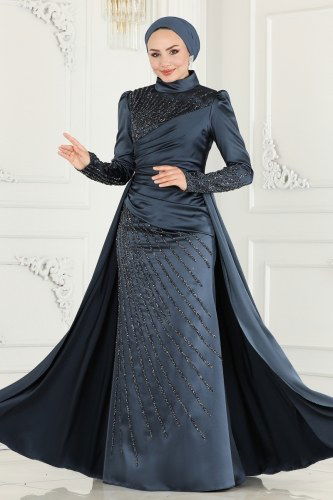 moda selvim 801AZ865 لون الرصاصي فساتين سهره - Thumbnail