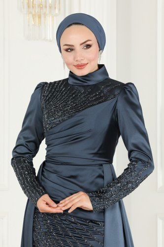 moda selvim 801AZ865 لون الرصاصي فساتين سهره - Thumbnail