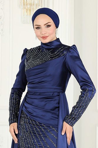 moda selvim Evening Wear 801AZ865 Navy Blue - Thumbnail