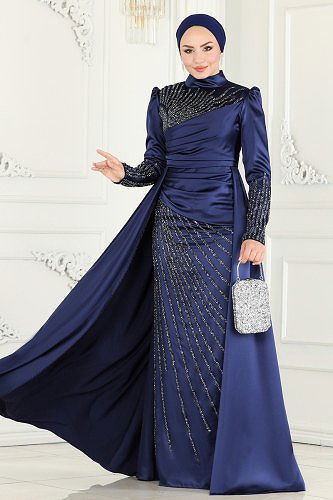 moda selvim 801AZ865 كحلي فساتين سهره - Thumbnail